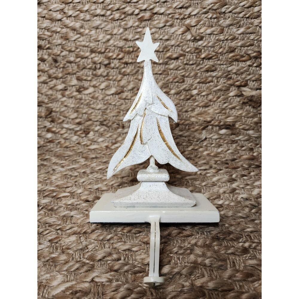 Vintage Rustic White & Gold Cast Iron Christmas Tree Stocking Holder Holiday
